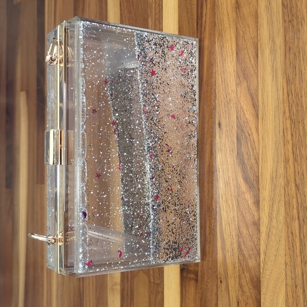 Skinny dip vintage 90's lucite purse clutch moving silver glitter pink s…